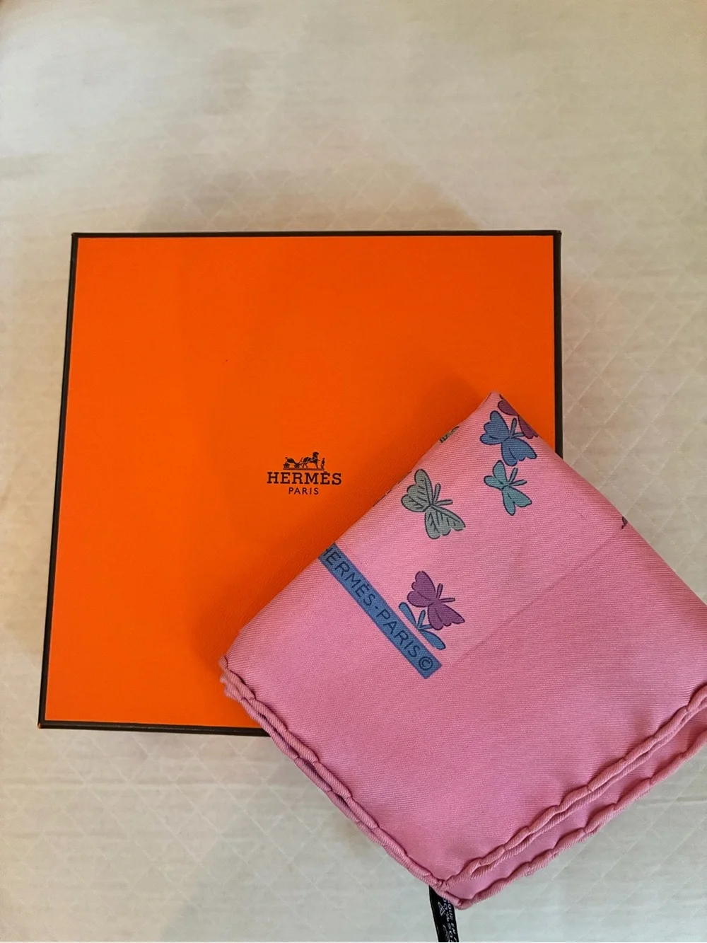 Hermes Pink Butterfly Print Silk Scarf
